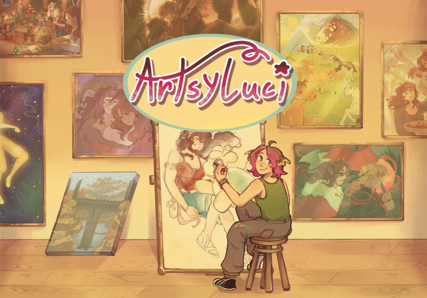 Artsyluci logo over an illustration of a pink-haired artist sitting on a stool in a warmly lit gallery, painting at an easel surrounded by framed artwork.