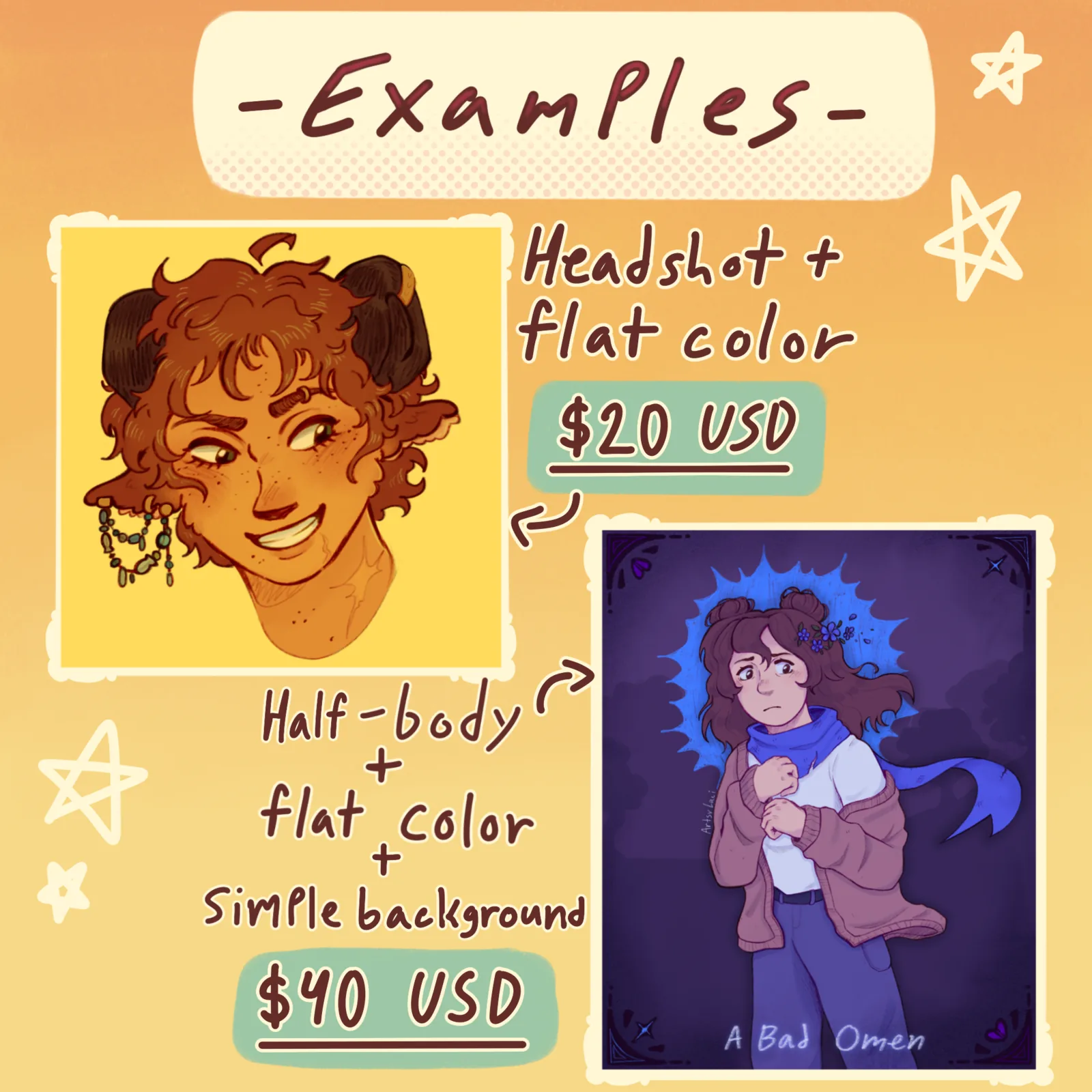 Two finished commissions: a grinning horned character with beaded earrings on a yellow field, and a character in a blue scarf clutching their coat against a stormy purple sky.