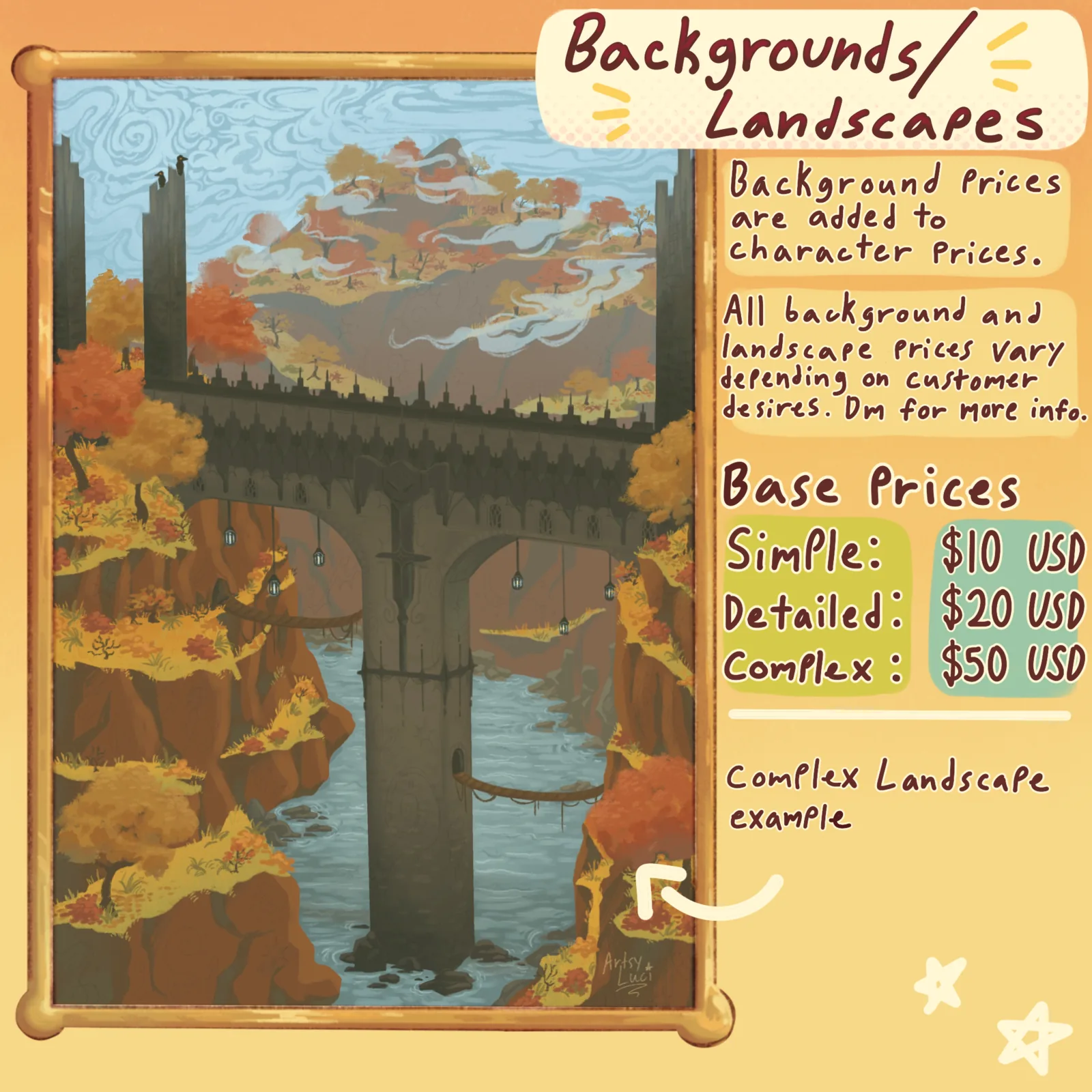 A painted autumn gorge: a stone viaduct crosses a river far below, lanterns strung beneath its arches, orange and gold trees clinging to the cliffs.