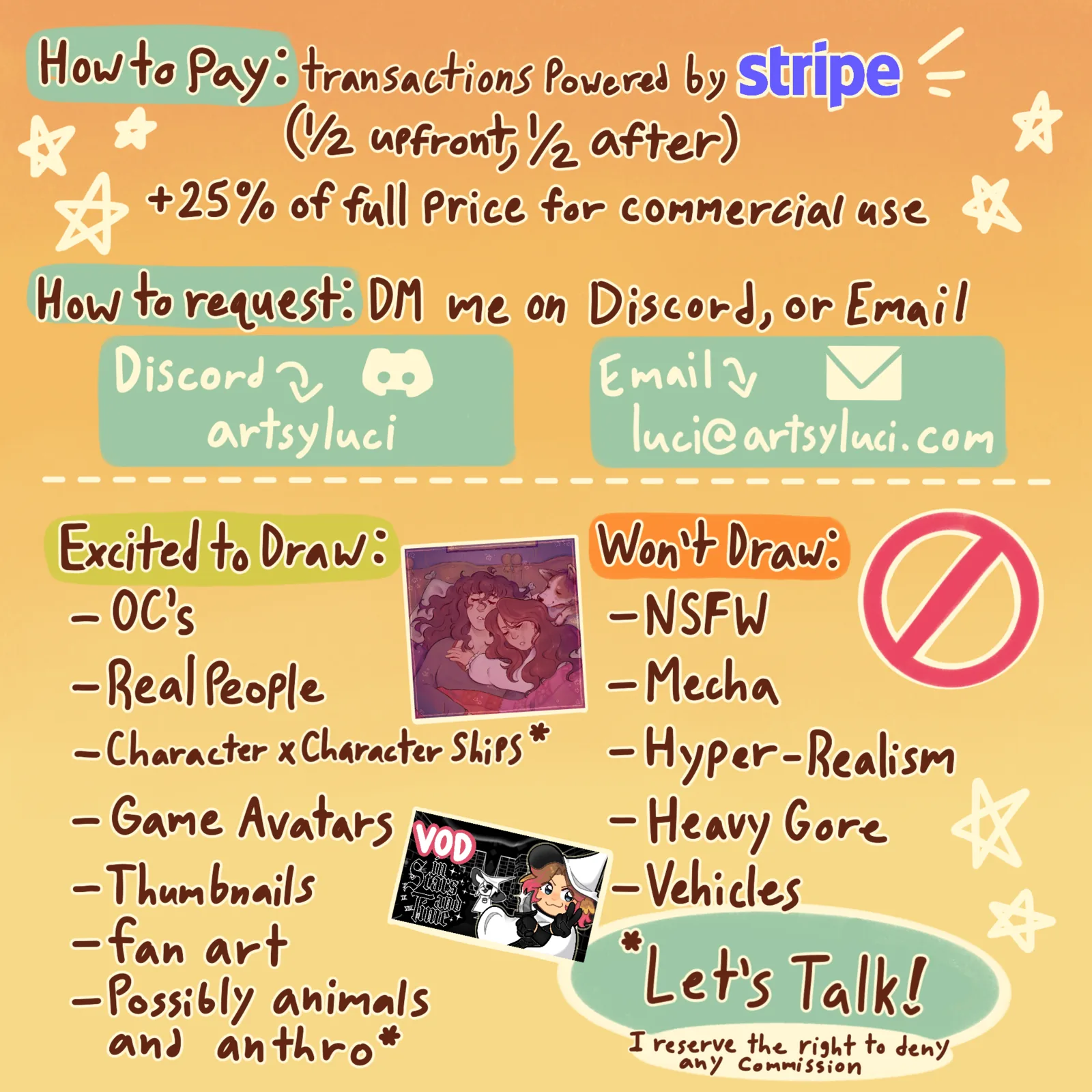 A hand-lettered information panel on a peach-to-gold gradient, scattered with cream star doodles.